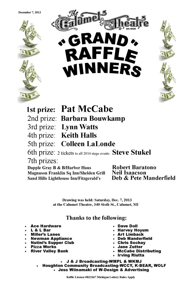 Grand Raffle winners 11x17. 2013 without $$$